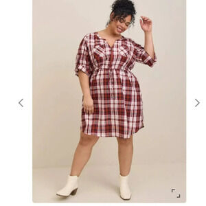 Torrid Red Plaid Seersucker Shirt Dress - Size 0 (L 12)